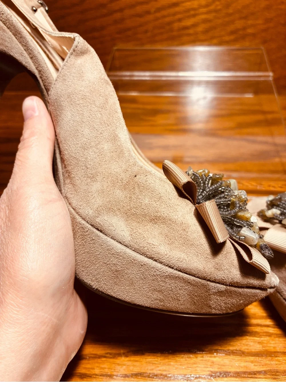 Gastone Lucioli ITALY Beaded Suede Platform Slingback Heels Taupe EU 40 US 9.5